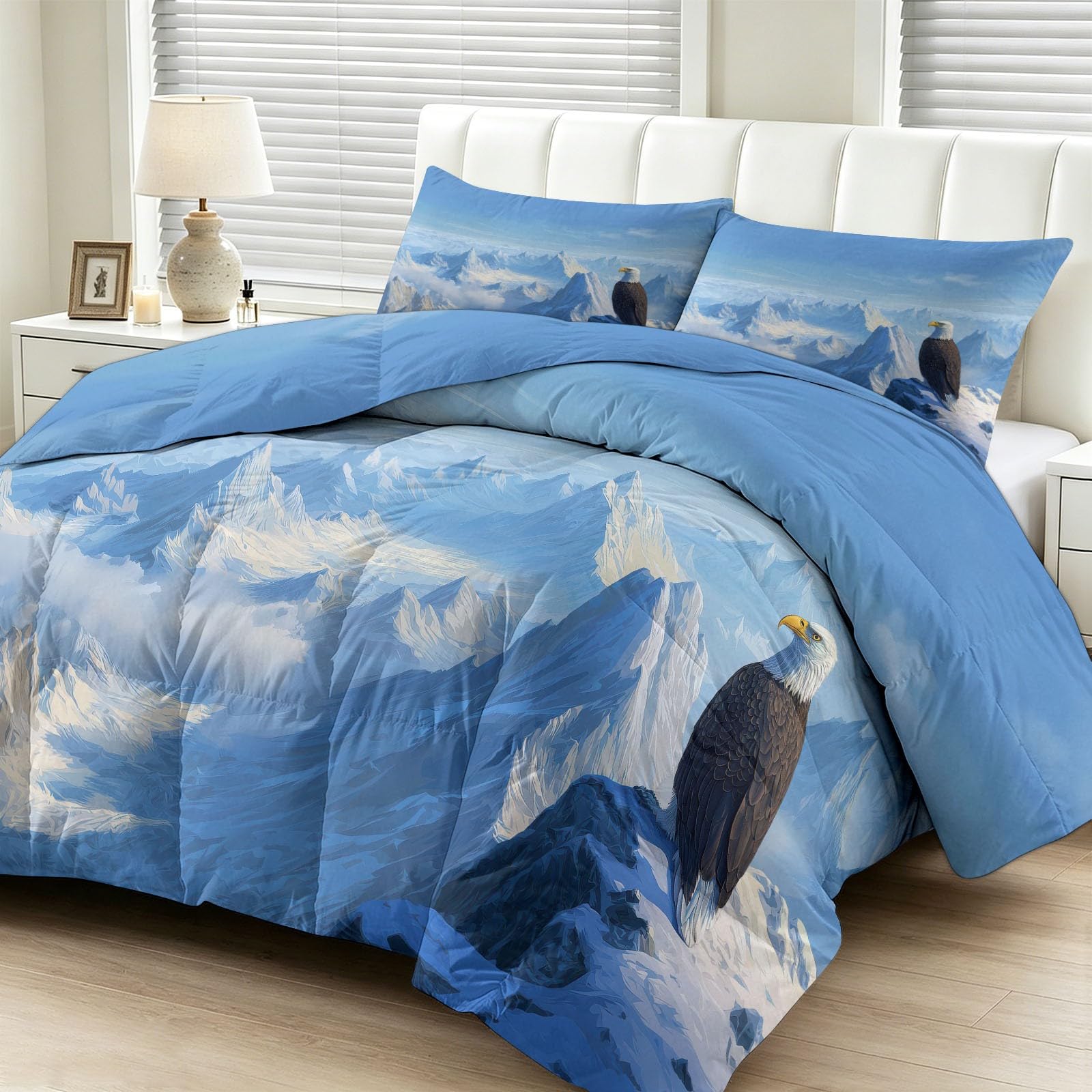 Generico Trapunta 150x200cm Montagne Blu Innevate Aquile Piumino 4 Stagioni Stampa Double Face Ultra morbido, Coperta Letto Invernale Lavabile, Piumone per Bambini Adulti con 2 Federa
