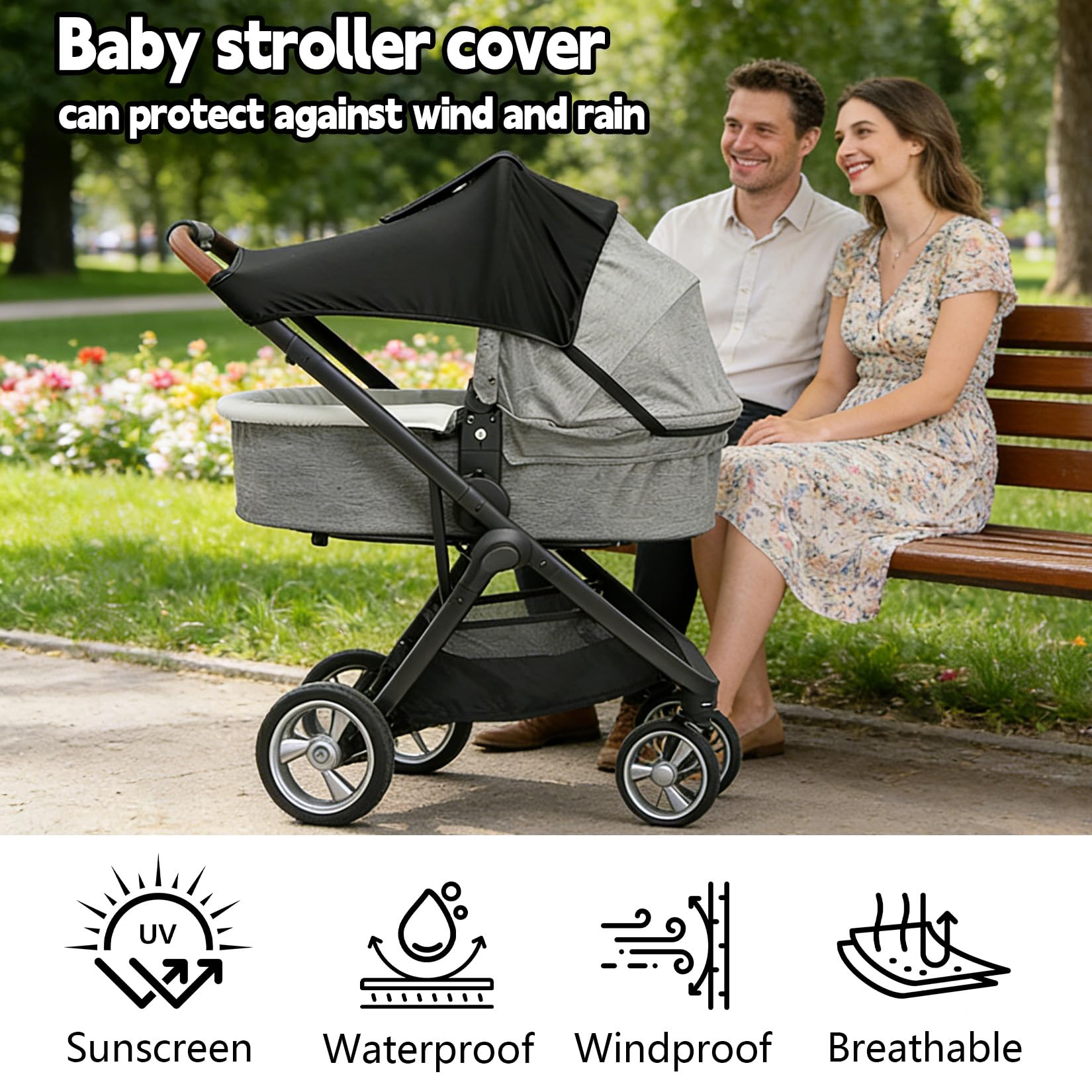 Parasole per passeggino con finestra, impermeabile, regolabile, universale, con protezione UV (nero)
