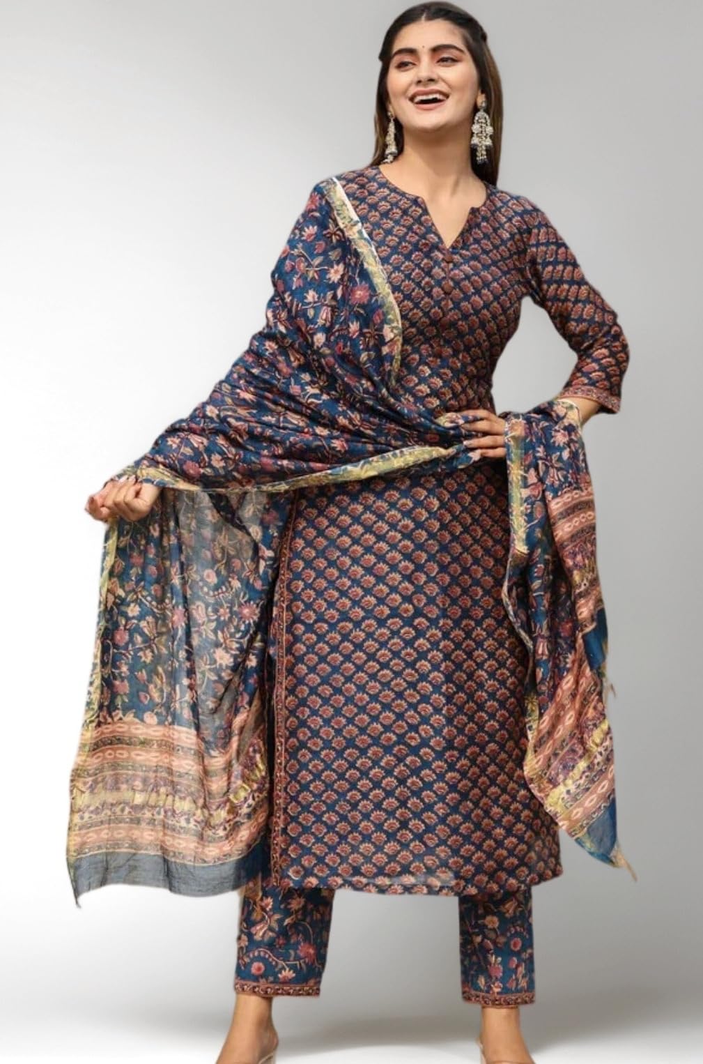 GRECIILOOKS Women's Cotton Blend Kurta Set with Dupatta | Kurti Set for Women | Festive Kurta Set for Women | Regular Fit Kurta