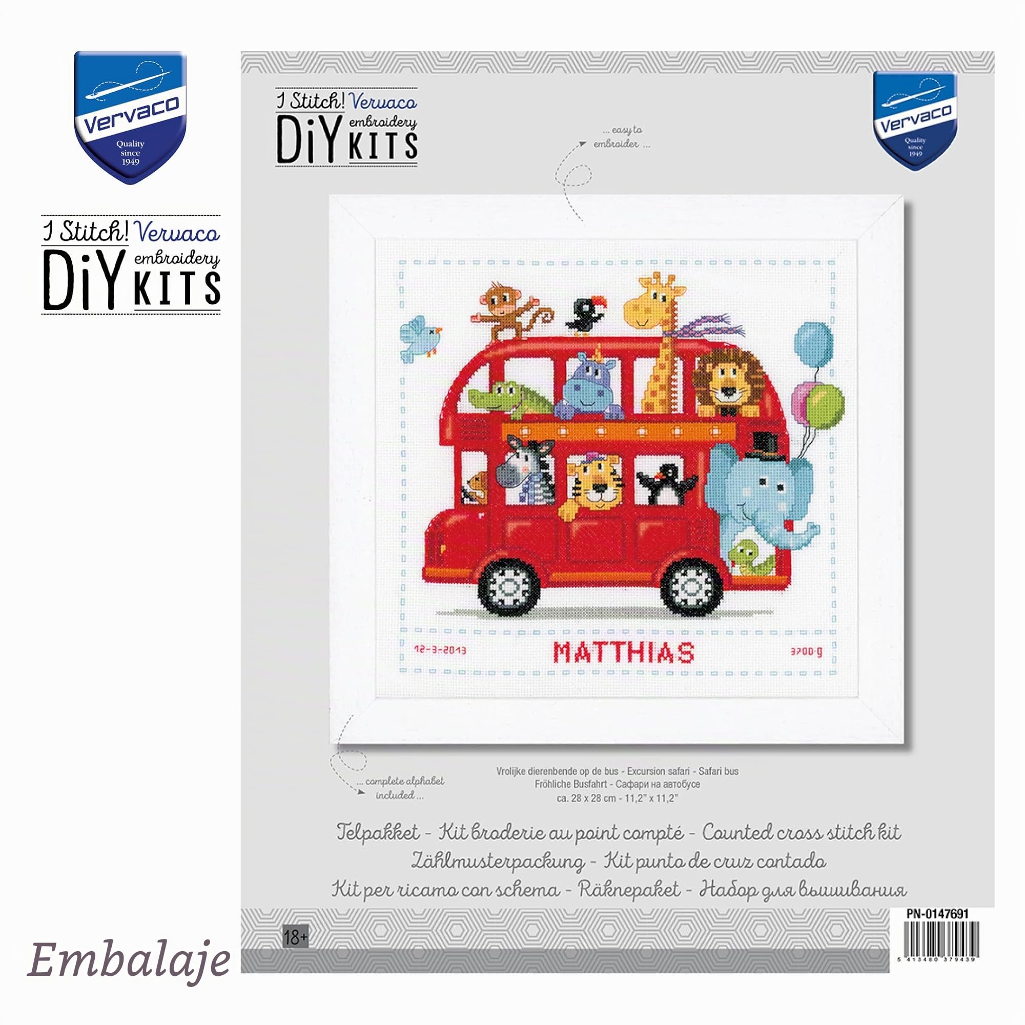 Vervaco Kit Punto De Cruz Bebe Nacimiento Regalos DIY Completo EXCURSIÓN Safari Creativo Manualidades Creatividad Adultos Decoracion Pared Bordar Kit Principiantes ca. 28 x 28 cm Cross Stitch