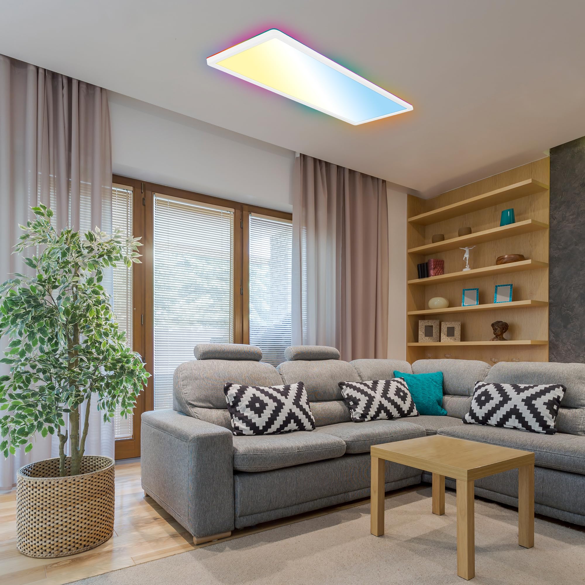 B.K.Licht - Lampada da soffitto LED piatta con telecomando, retroilluminazione RGBIC, superficie luminosa CCT, dimmerabile, lampada, plafoniera, lampada da soggiorno, pannello 58x20x2,5 cm, bianco