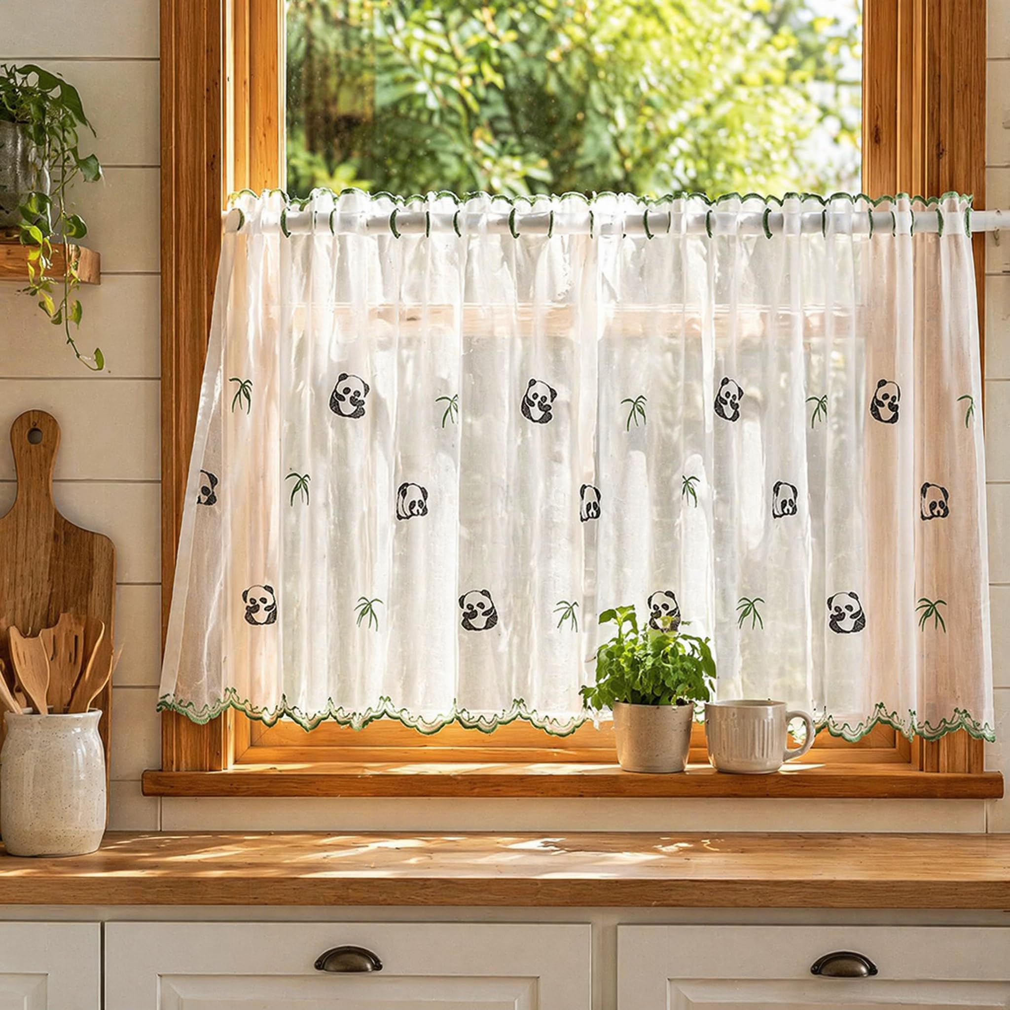 Embroidered Cafe Curtain for Kitchen French Floral Window Curtain Sheer Voile Panel Short Curtains Light Filtering Privacy Tier Curtains for Bathroom, Balcony, Bedroom (150x50cm, 1 Piece) (Panda)