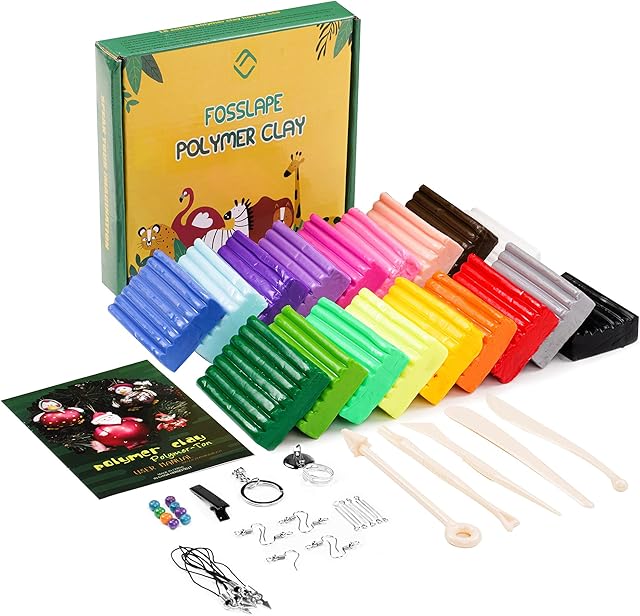 FOSSLAPE 18 color Polymer Clay Set with Modelling Clay Tools | Air Dry and Oven Bake Clay for Kids and Adults | Colored Clay Kit or Sculpting Clay Tools set, a best Christmas or Birthday gift for Kids