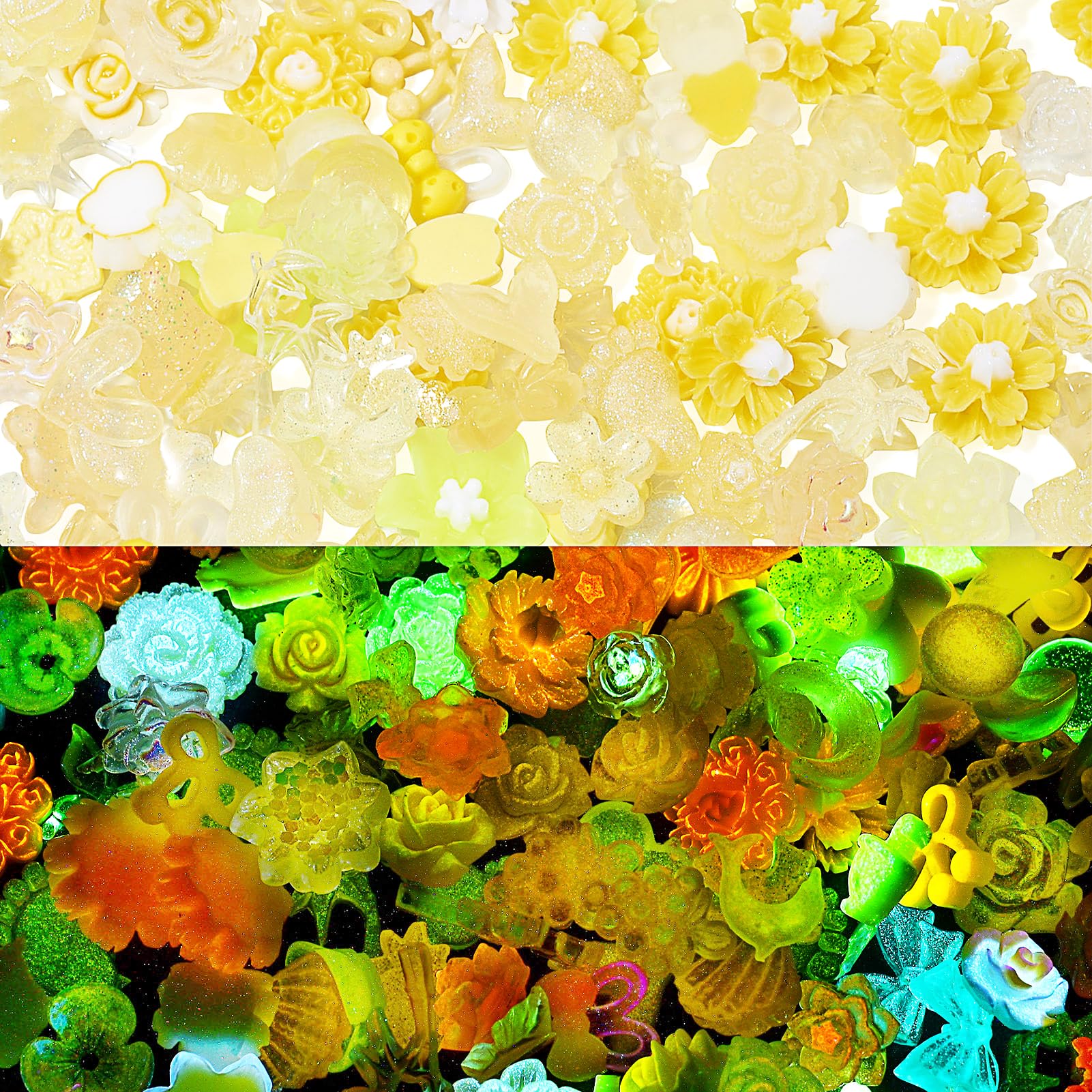 BB Beadthoven 200pcs Glow in the Dark Resin Slime Charms - Yellow 3D Cute Flower Flatback Beads for DIY Craft, Nail Charms, Scrapbooking, Jewelry