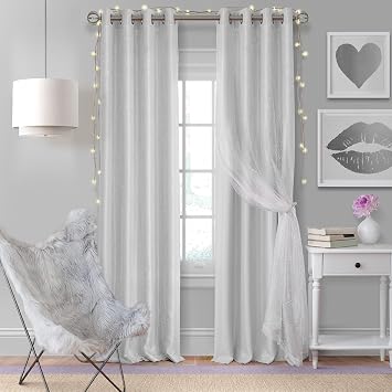 Elrene Home Fashions Aurora Kids Sheer Sparkle Overlay Blackout Window Curtain Panel, Pearl Gray, 52"x108"