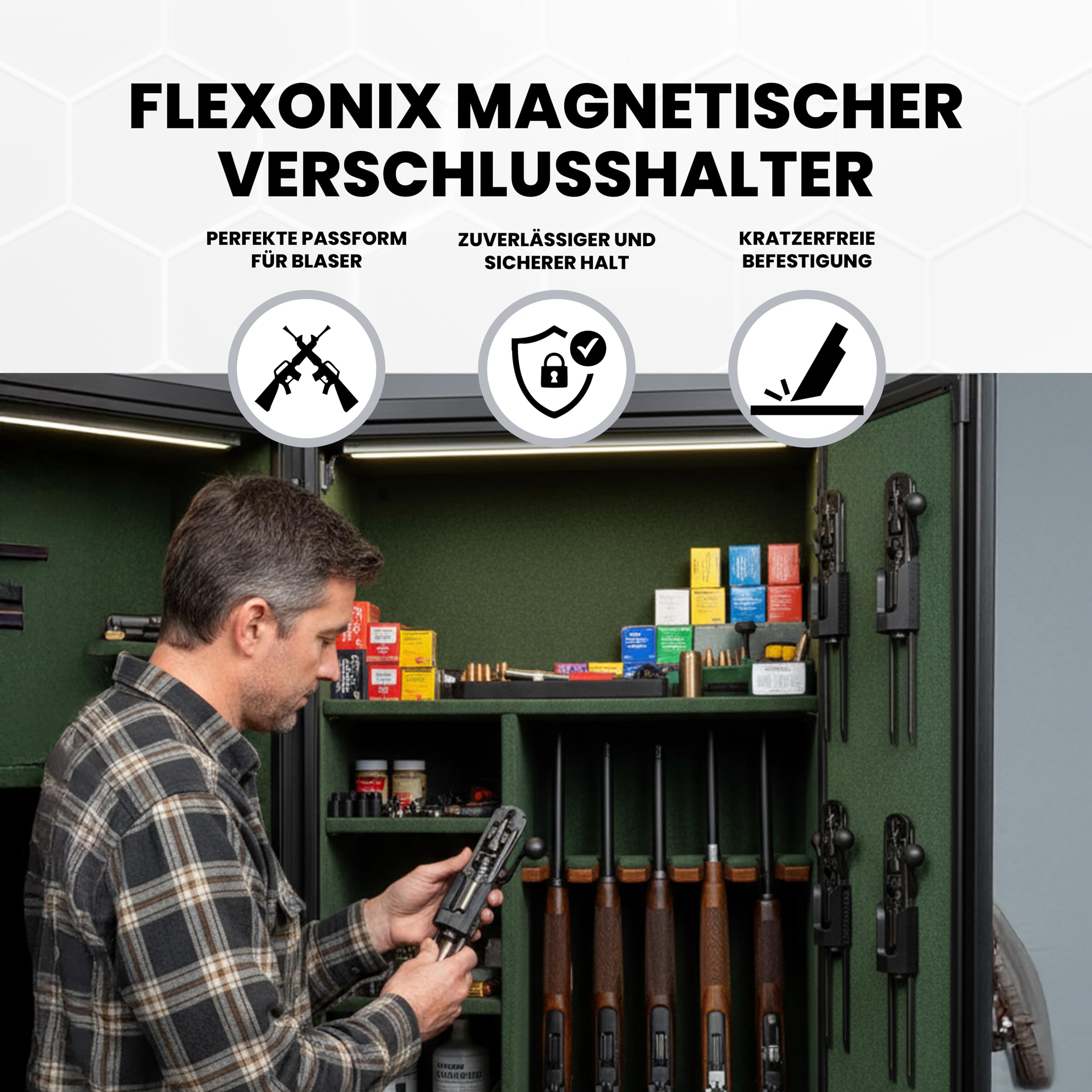 Magnetische Verschlusshalterung für Blaser R8/R93, Mauser, Sauer & Sako – Universal Zylinderverschluss-Halter für Waffenschrank – Sicher & platzsparend, für Fast alle Kalibergruppen geeignet
