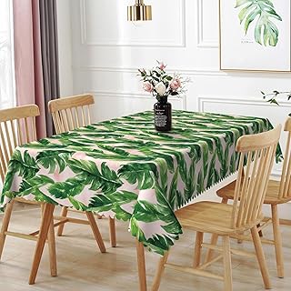 60x120inches Tropical Palm Leaf Tablecloth Summer Green Leaves Pink Rect...