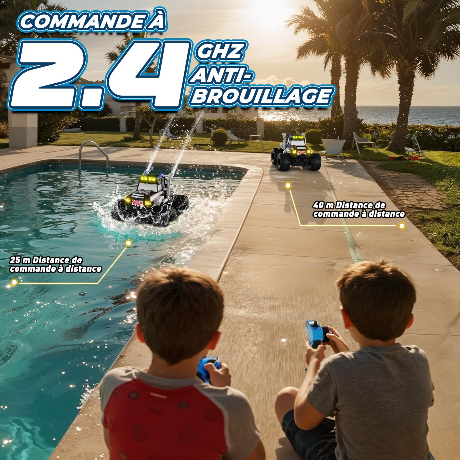 Voiture Télécommandée Tout Terrain Amphibie，2.4GHz Voiture Télécommandée Enfant, 4x4 télécommandée tout terrain, Monstertruck RC avec 360° Drift, Jouet Cadeau pour Garçon Fille 6 ans et plus (Bleu)