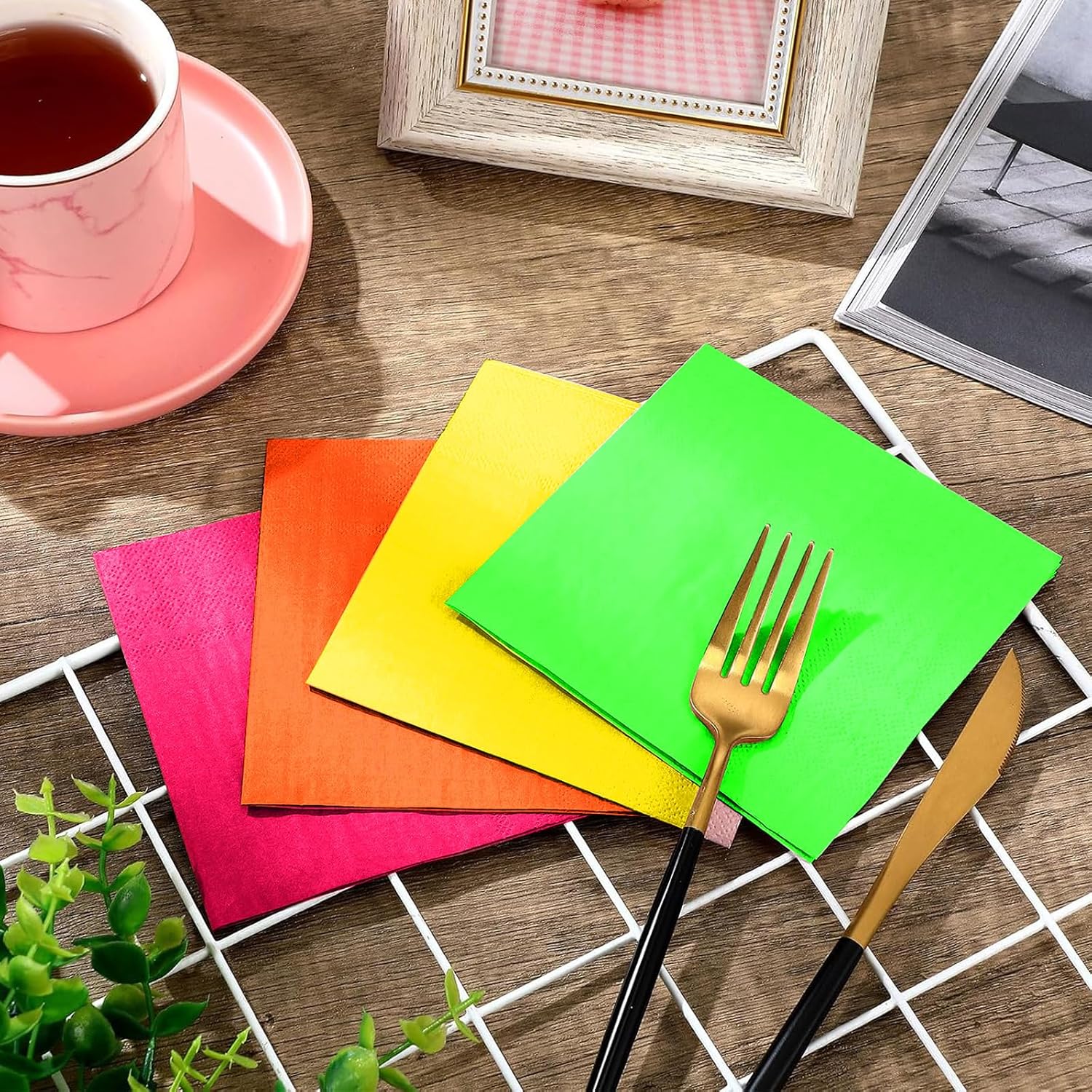 Layhit 100 Pcs Cocktail Napkins Disposable Beverage Napkins Square Paper Dessert Tissue for Wedding Birthday Celebration Party Supplies(Neon Color,5 x 5 Inch)