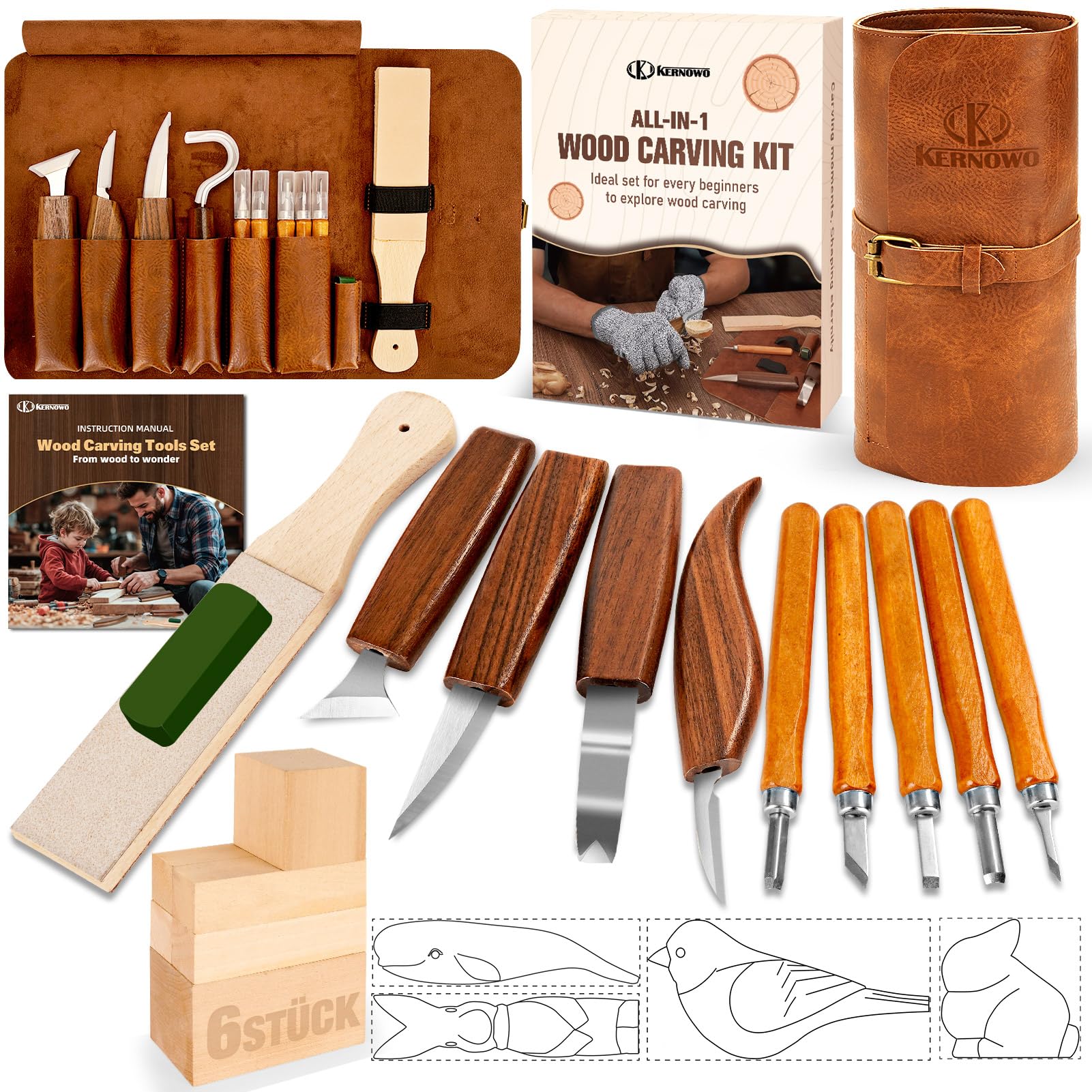 Holzschnitzwerkzeuge, 22-teiliges Holzschnitzerei-Set mit PU-Aufbewahrungstasche, mit 9 Schnitzmessern, schärfstein & PU-Tasche, Schnitzset zum Schnitzen für Anfänger