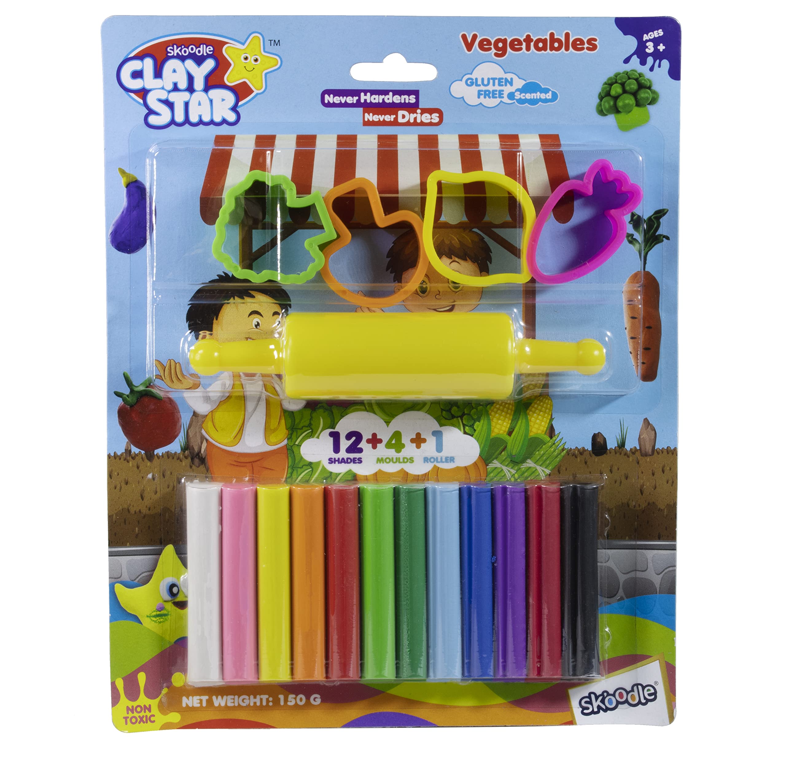 Skoodle Clay Star Scented Clay Pack, 12 Multicolor Clay Sticks + 4 Moulds + 1 Roller (150gm), for 3+ Years, Non-Toxic, Vegetable Theme, Gift for Kids