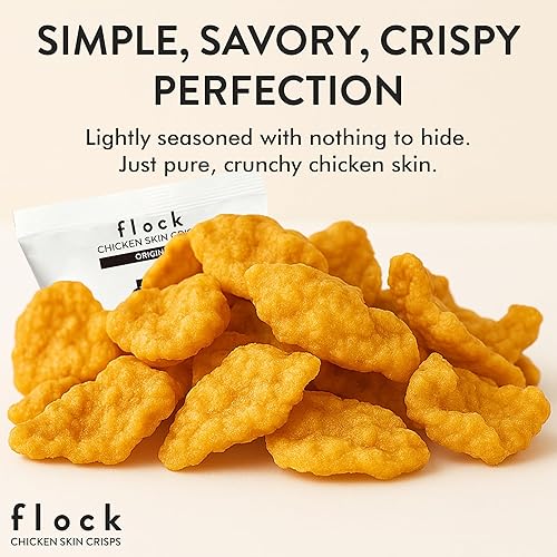Vista 2 de Chips Flock keto de piel de pollo, 100% pollo real, bajo en carbohidratos, alto contenido en proteínas, sin azúcar, sin gluten, porción individual