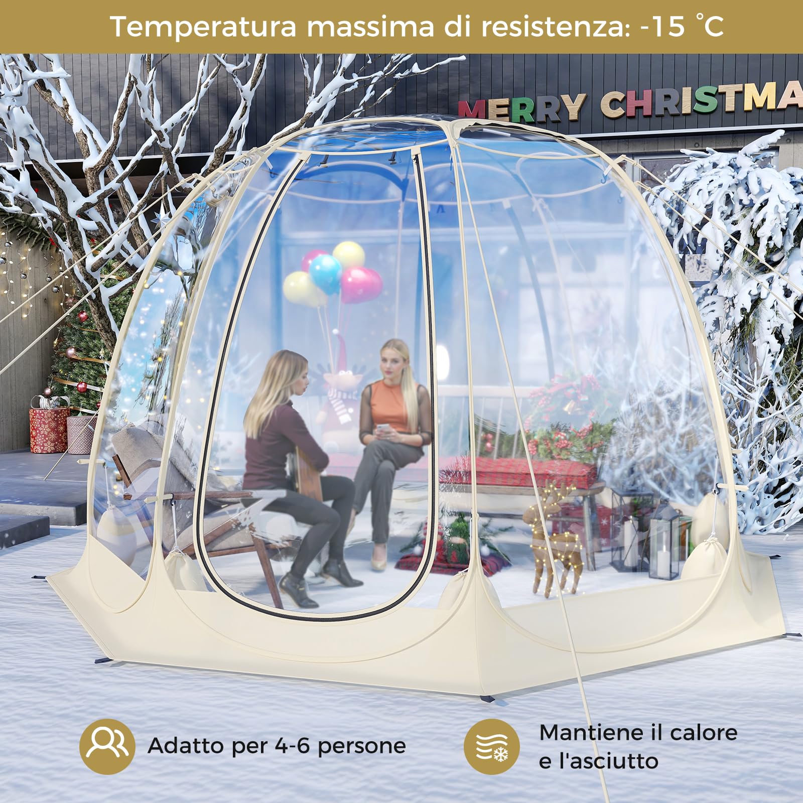 COSTWAY Tenda a Bolle Pop Up, Tenda da Campeggio Trasparente per 5-6 Persone, Antivento e Impermeabile, Igloo Portatile da Giardino in PVC, per Pesca, Spiaggia, Eventi Sportivi e Attività all’Aperto