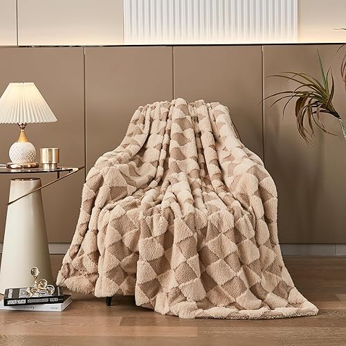 Miniatura 7 de Manta de piel sintética de conejo de lujo, color caqui, de 60 x 80 pulgadas, manta sherpa reversible de felpa suave, manta gruesa para cama, cómoda