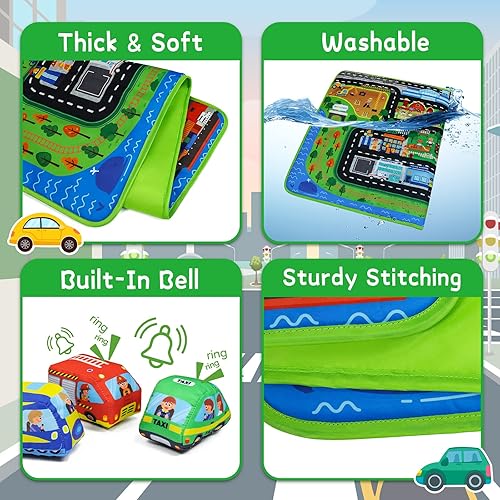 Miniatura 4 de Dr.Rapeti Juego de autos de juguete suave para bebés, niños pequeños, 1 tapete de juego de gran tamaño, 10 autos de juguete suave, 47 x 30 pulgadas,