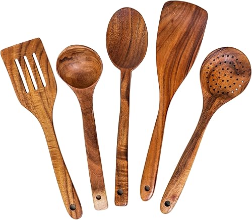 Miniatura 3 de Juego de 5 cucharas de cocina de madera de teca y soporte de madera para almacenamiento, incluye espátulas, cucharón, colador y cuchara para mezclar