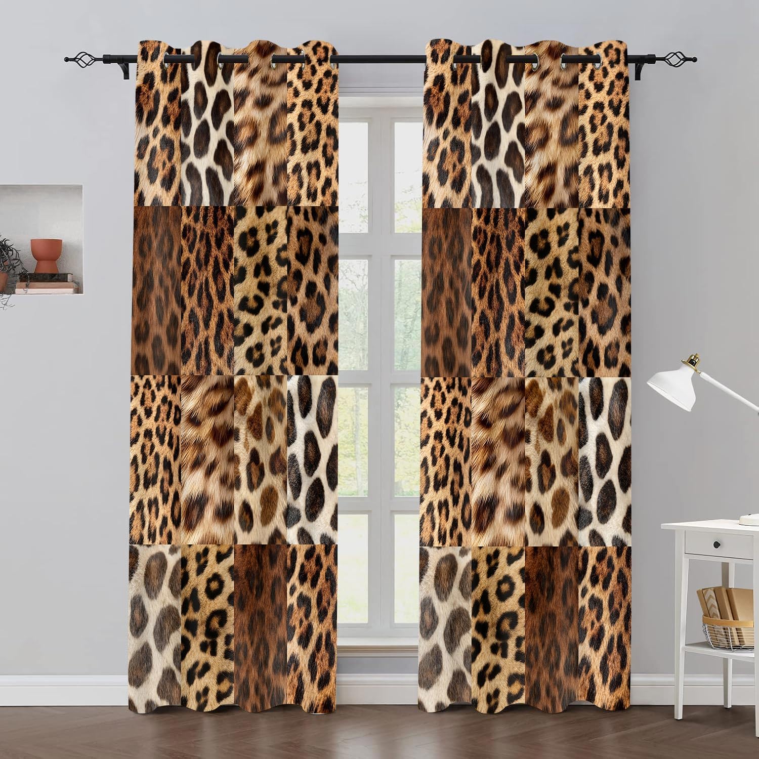 Leopard Print Curtains Safari Wild Animal Cheetah Fur Patchwork Printed Blackout Curtain Vintage Rustic Western Farmhouse Brown Window Drapes 2 Panels for Living Room Kitchen Bedroom Cafe, 42x84in