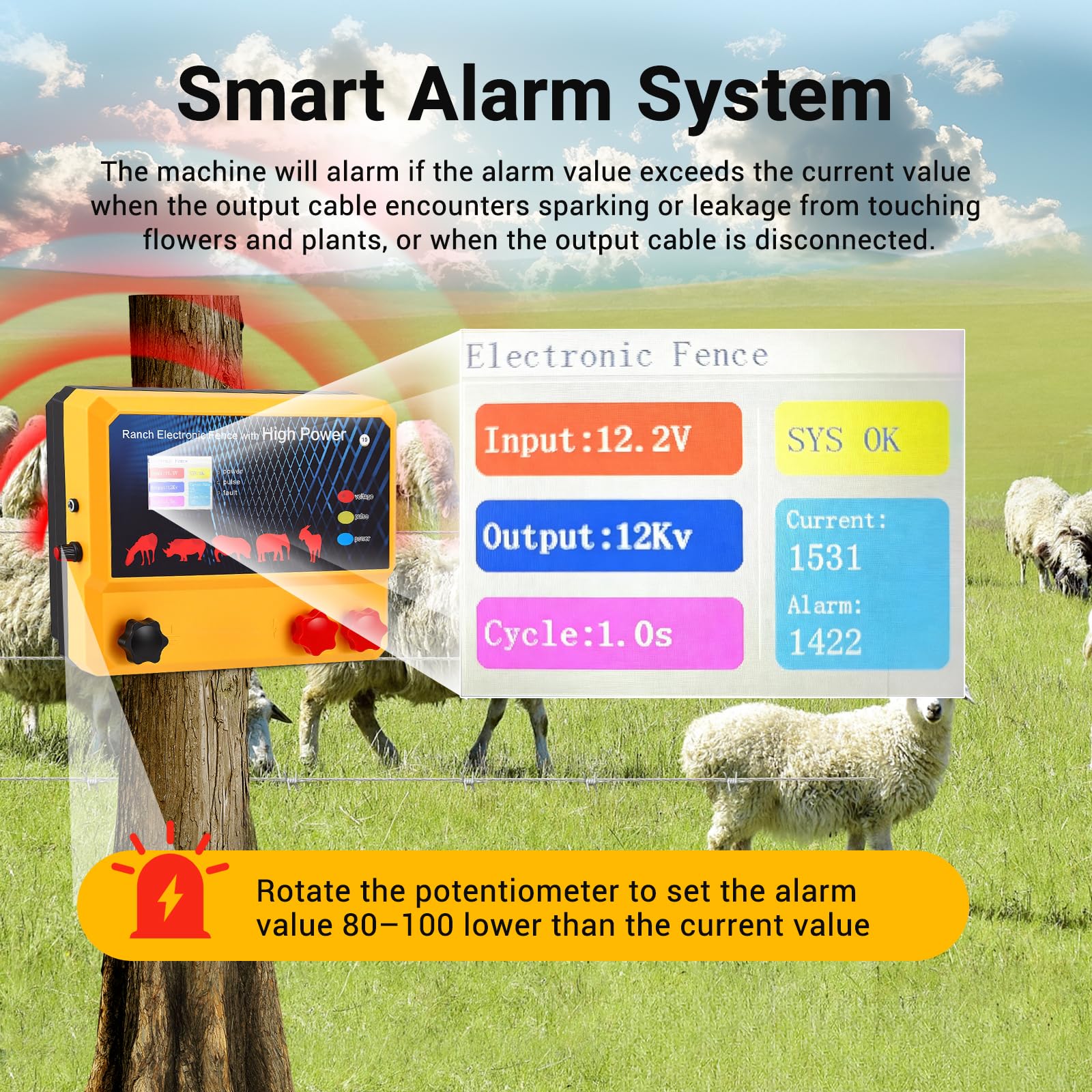 Valla eléctrica de 8-15 kV, potencia de 4 J, 30 km de alcance, 230 V/12 V de energía solar, IP67, alarma inteligente, valla eléctrica para animales de granja y defensa de depredadores