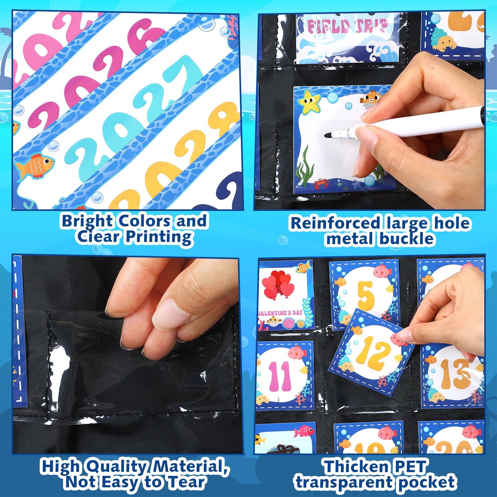 AmazingSpark Calendario de aula con calendario de bolsillo, calendario oceánico, tablón de anuncios con bolsillo, tabla meteorológica para decoración de aula, suministros de regreso a la escuela