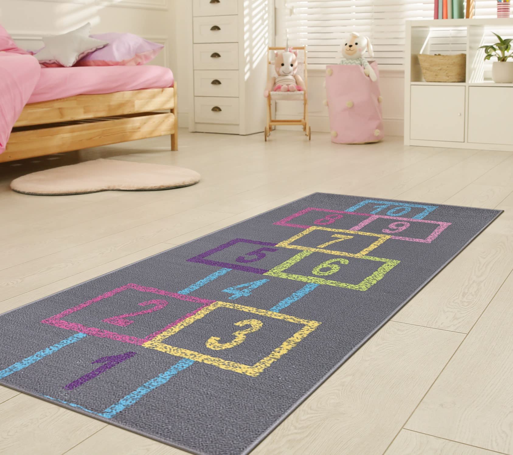 Ottomanson Children's Garden Collection Non-Slip Rubberback Hopscotch Design 3x6 Kid's Runner Rug, 2'7" x 6', Gray/Pink