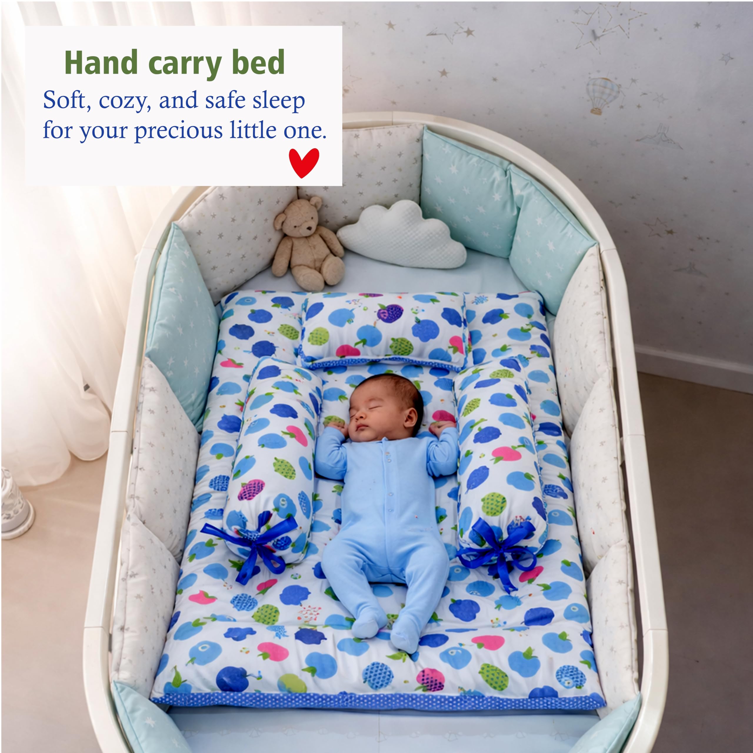 Fareto Combo of Baby Bed with Net | Carry Bag | 4 Pcs Bedding Set (0-6 Months, Baby Size, Cotton) (Blue Apple) 1