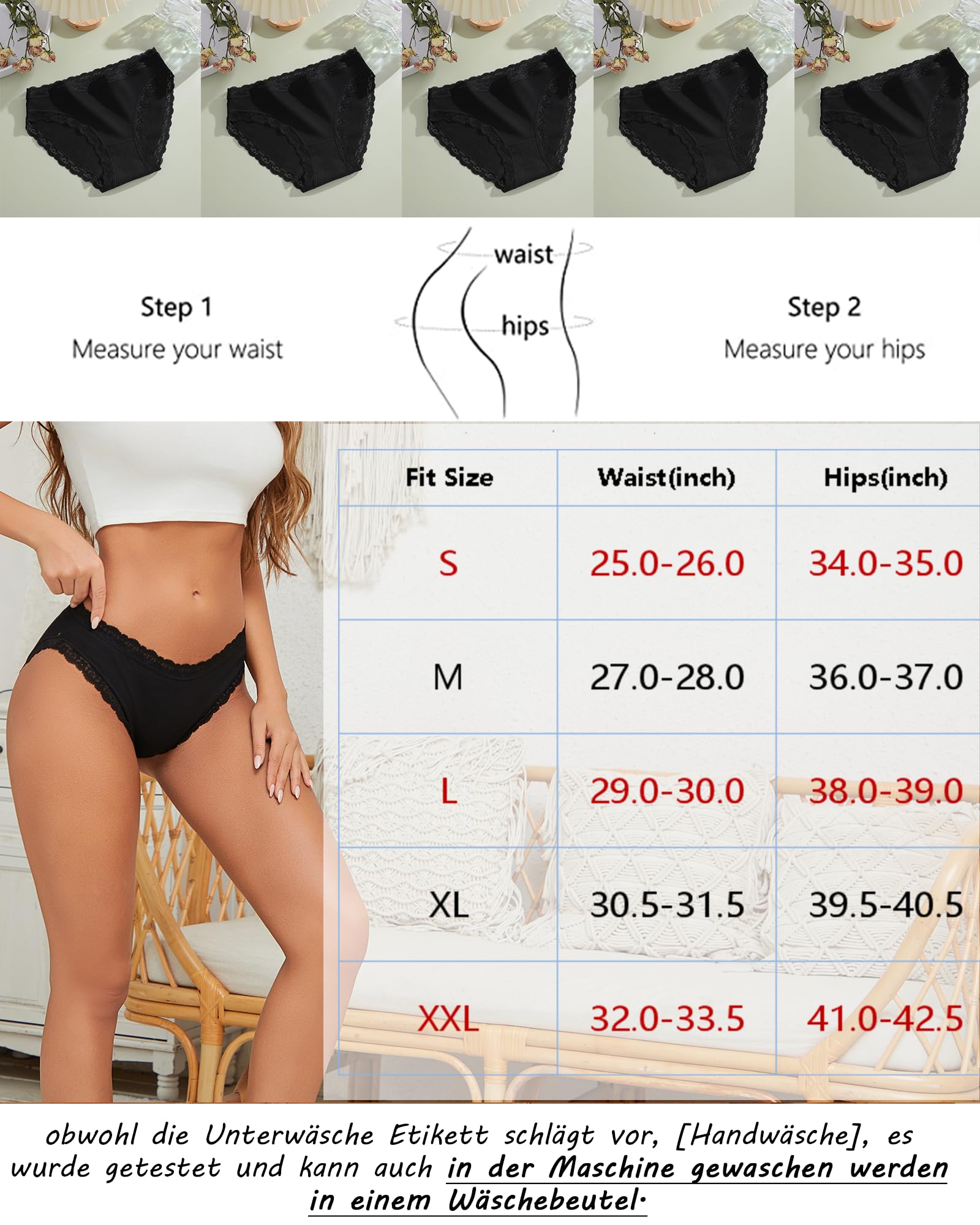 ALL OF SHE Mutande Donna Cotone – Slip Donna Cotone Morbido con Pizzo, Biancheria Intima Comoda e Traspirante, Confezione da 5 Slip, Taglie S-2XL