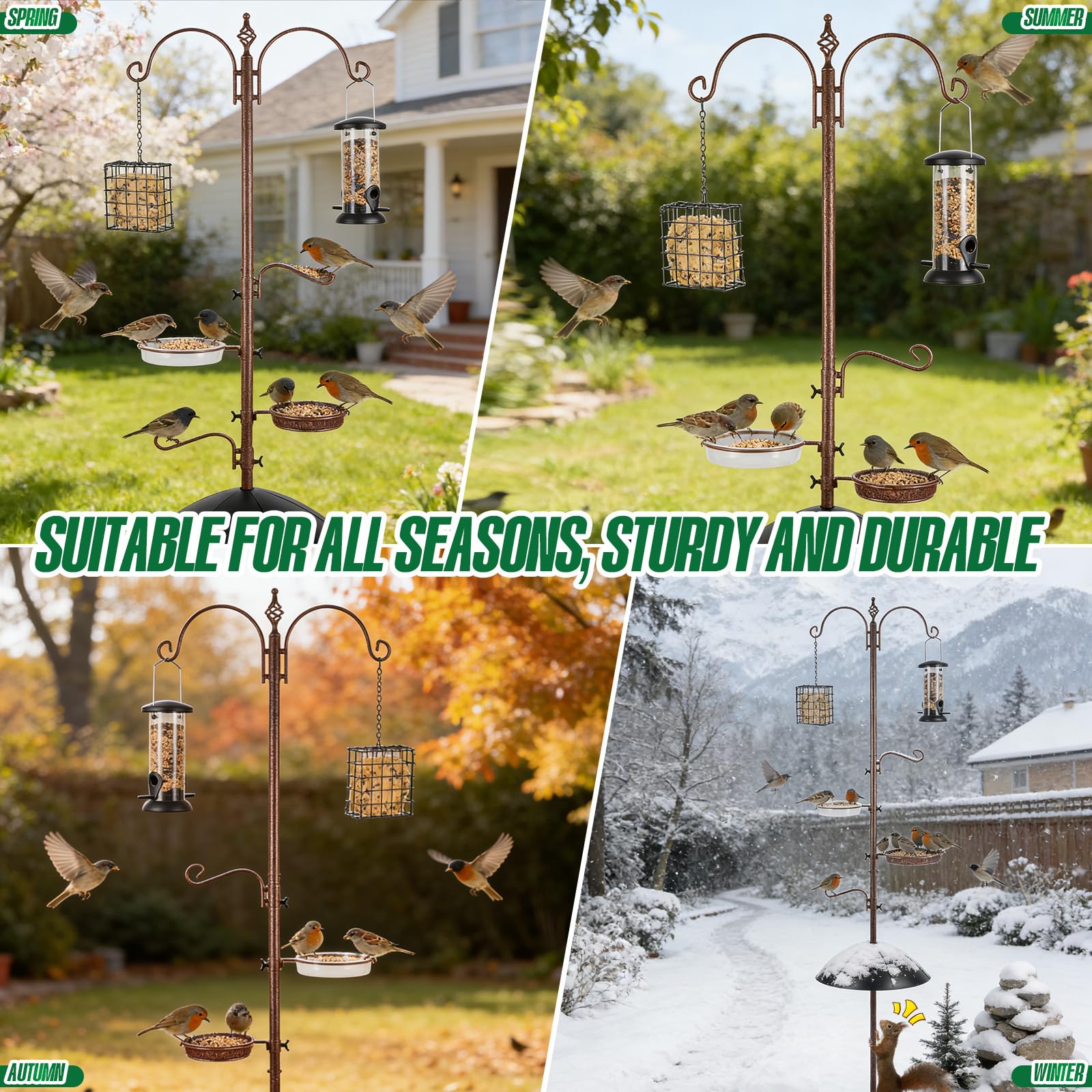 Station d’Alimentation pour Oiseaux avec Pare-Écureuil, Support Mangeoire Oiseaux avec Crochets et Plateau, pour Oiseaux Sauvages, Jardin, Balcon, Terrasse et Cour