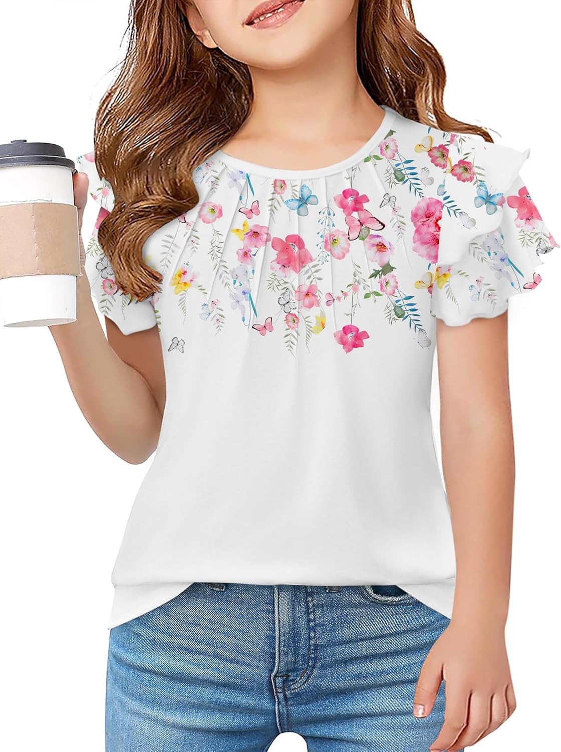 Arshiner Girls T Shirts Ruffle Short Sleeve Summer Pleated Crewneck Casual Tops Tees Blouses