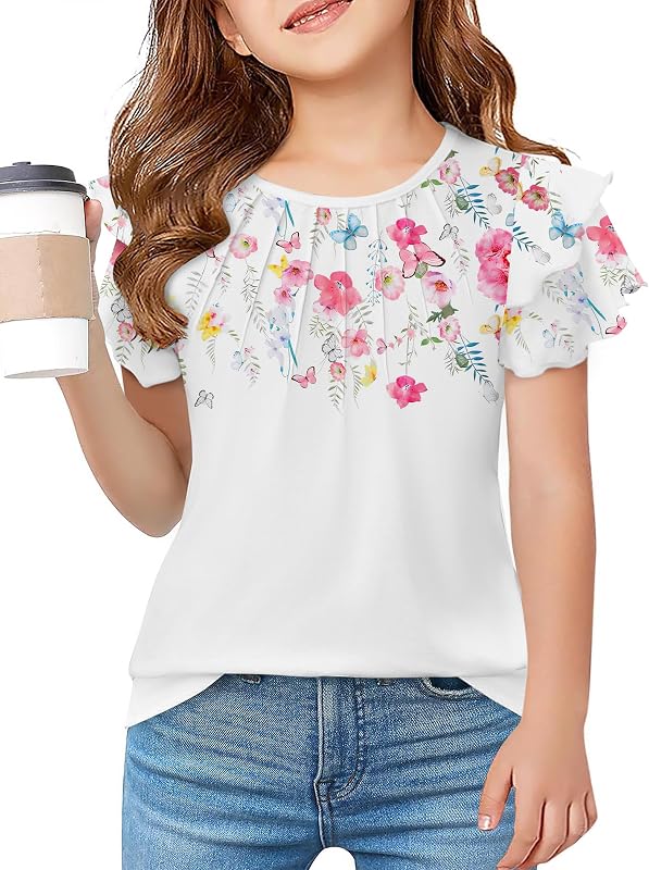 Arshiner Girls T Shirts Ruffle Short Sleeve Summer Pleated Casual Tops