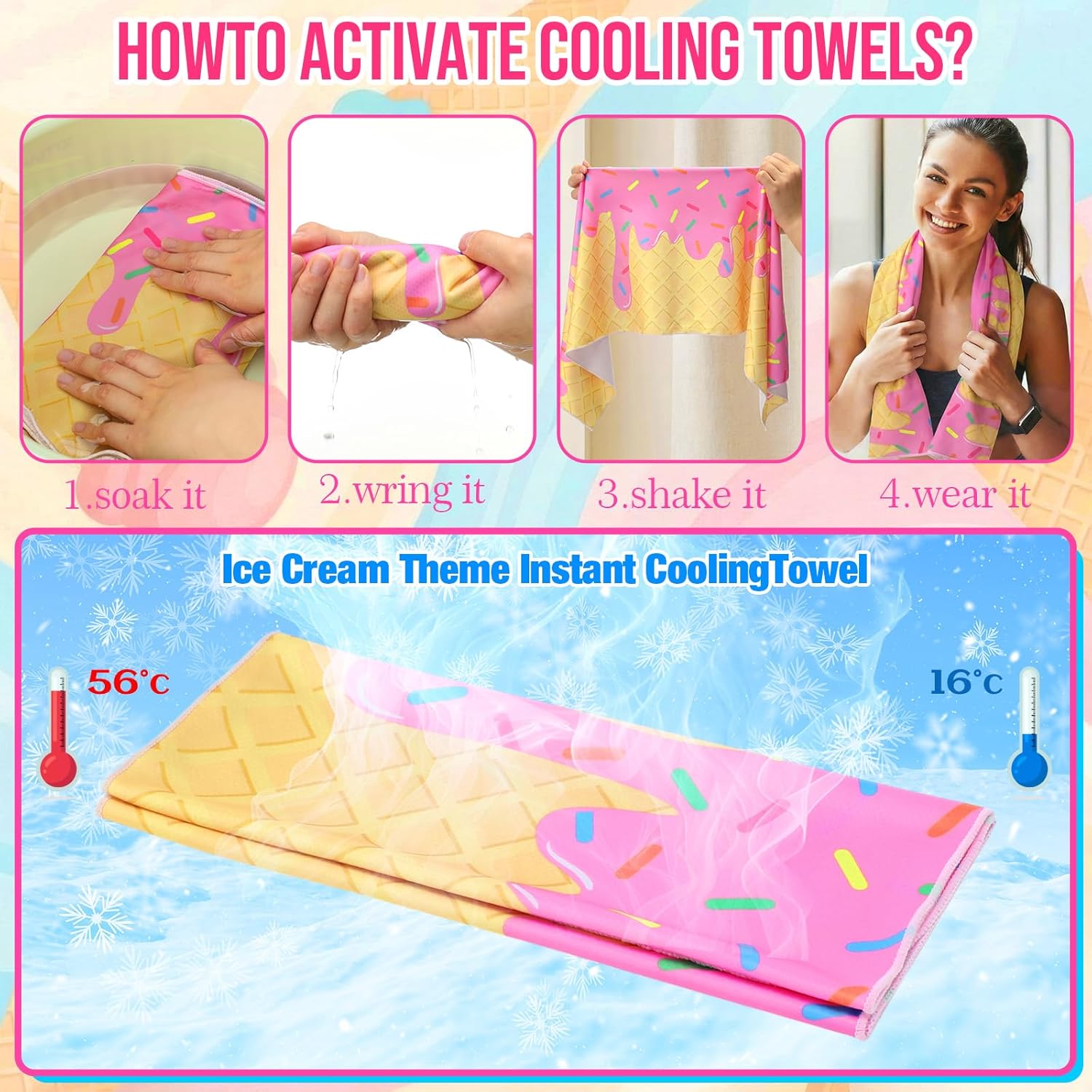 24 Pcs Ice Cream Print Sport Gifts, Includes 12 Baseball Cooling Towels 40 x 12 Inch Workout Towels 12 Portable Mini Handheld Fan for Sport Party Team Gift, Battery Not Included