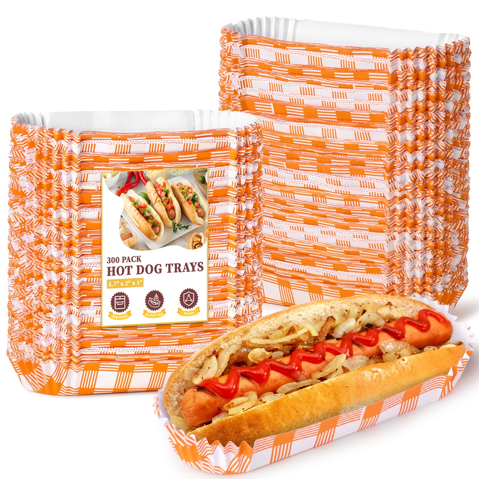 Photo 1 of * does not come with 300 **
300 Pcs Paper Hot Dog Trays, Small Disposable Hot Dog Boats Fluted to Go Food Holders for Concession Stand, Party, Food Truck (Orange)