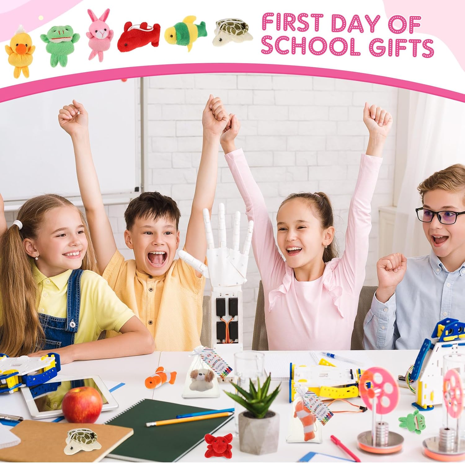 24 Set Welcome Back to School Gifts for Students Mini Animal Plush Toy First Day of School Classroom Jungle Stuffed Animals Bulk with Label Tags Organza Bags for Goodie Bag Fillers(Cute)