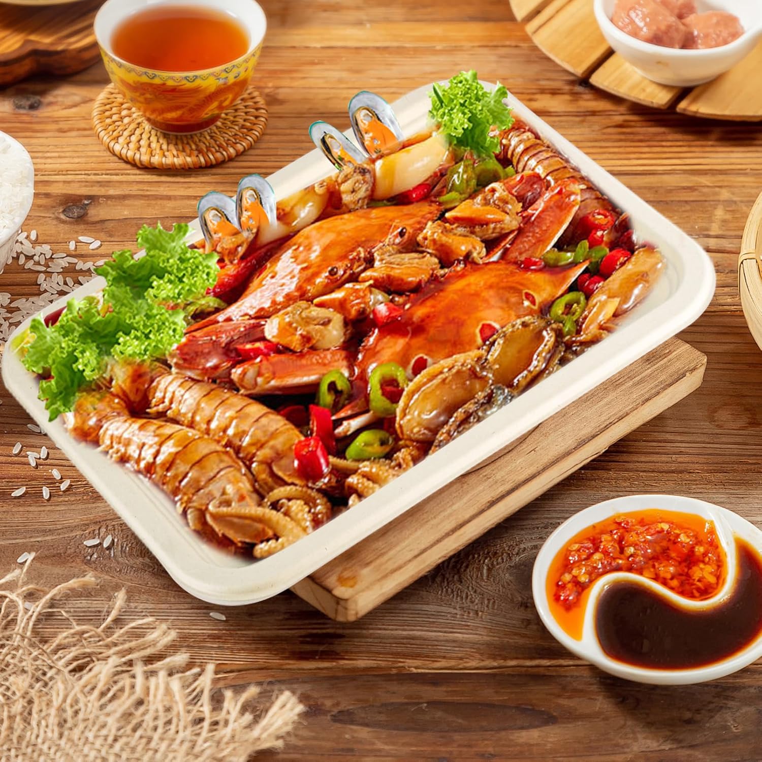 50 Pack Large Paper Plates, 14 inch Heavy Duty Disposable Food Trays, Compostable Sugarcane Platters Tray, Disposable Serving Trays for Party Crawfish Lobster BBQ Seafood Picnic, Natural