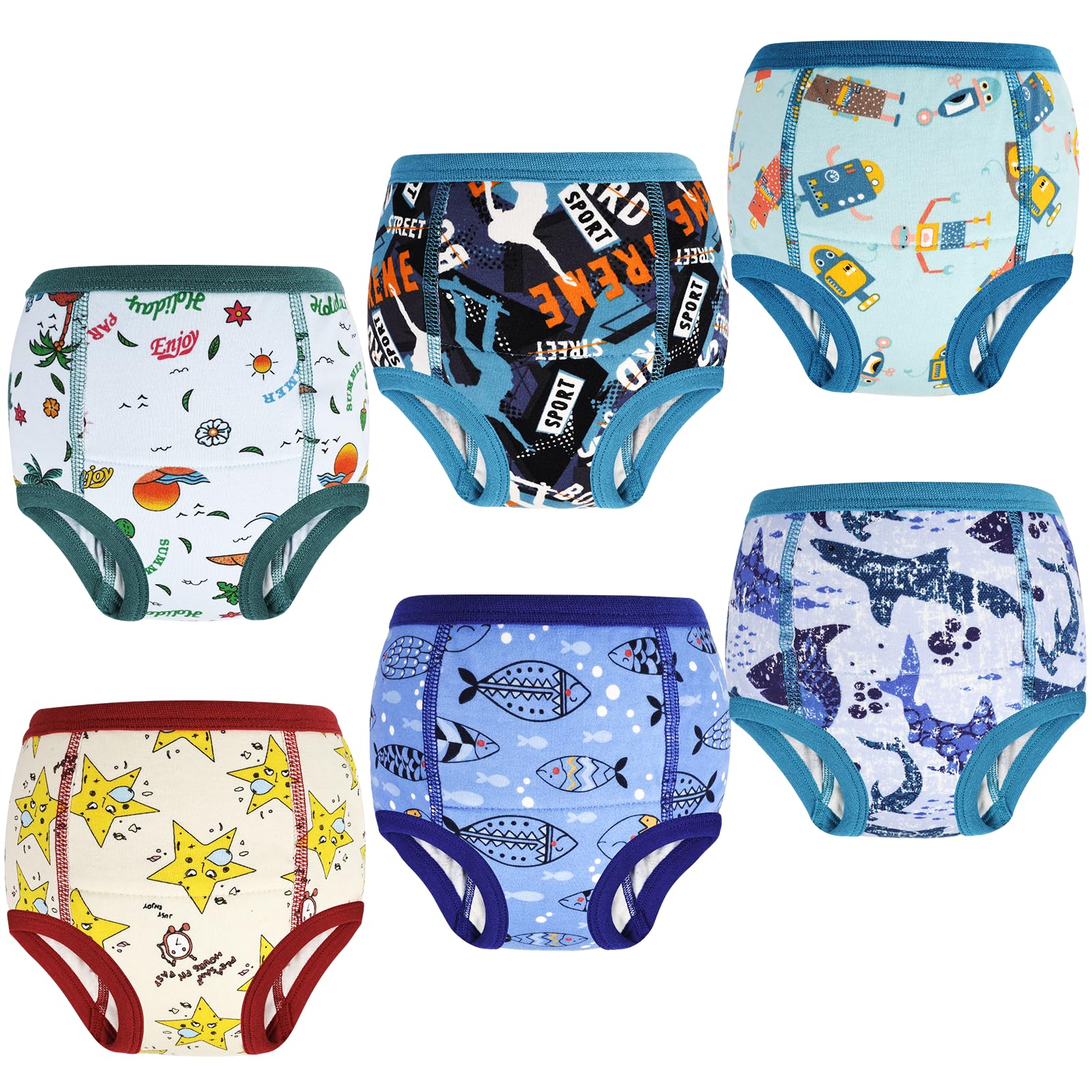 MOEMOE BABY Culotte Apprentissage Propreté Garcon,Culotte d'apprentissage Enfant,Slip Apprentissage propreté Garcon Lavable,6 Paquets,Poisson Bleu,3 Ans