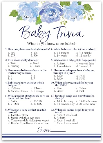 Baby in Bloom Baby Trivia Game for Boy Shower Blue Floral Botanical Baby Shower Games, Pack of 25 Fun Facts Cards, Garden Theme Co-Ed Couples Shower Activity G705-TRV