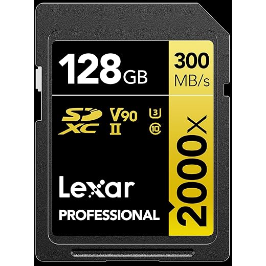Lexar Professional 2000x 128GB SDXC UHS-II Memory Card, C10, U3, V90, Full-HD & 8K Video, Up To 300MB/s Read, for DSLR, Cinema-Quality Video Cameras (LSD2000128G-BNNNU)