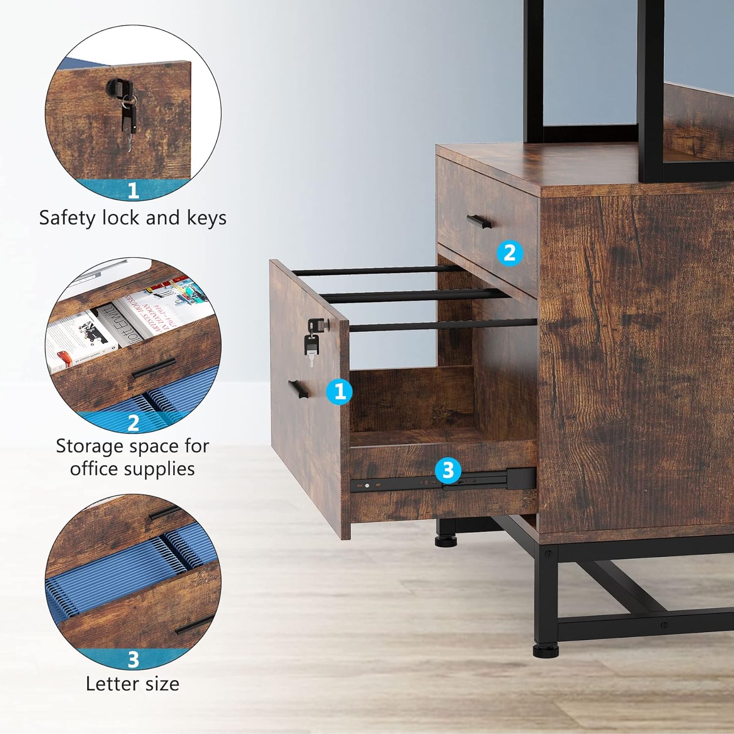 Tribesigns 2 Drawer Lateral File Cabinet with Lock, Letter Size Large Modern Filing Cabinet Printer Stand with Open Storage Shelves for Home Office, Dark Brown