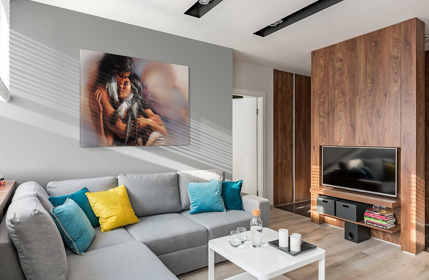 SpiritualHands Native American Wall Art – Framed Western Canvas Print Featuring Indian Warrior and Wolf Theme – Rustic Office, Living Room, Cabin, or Southwestern Home Decoration Accent Piece