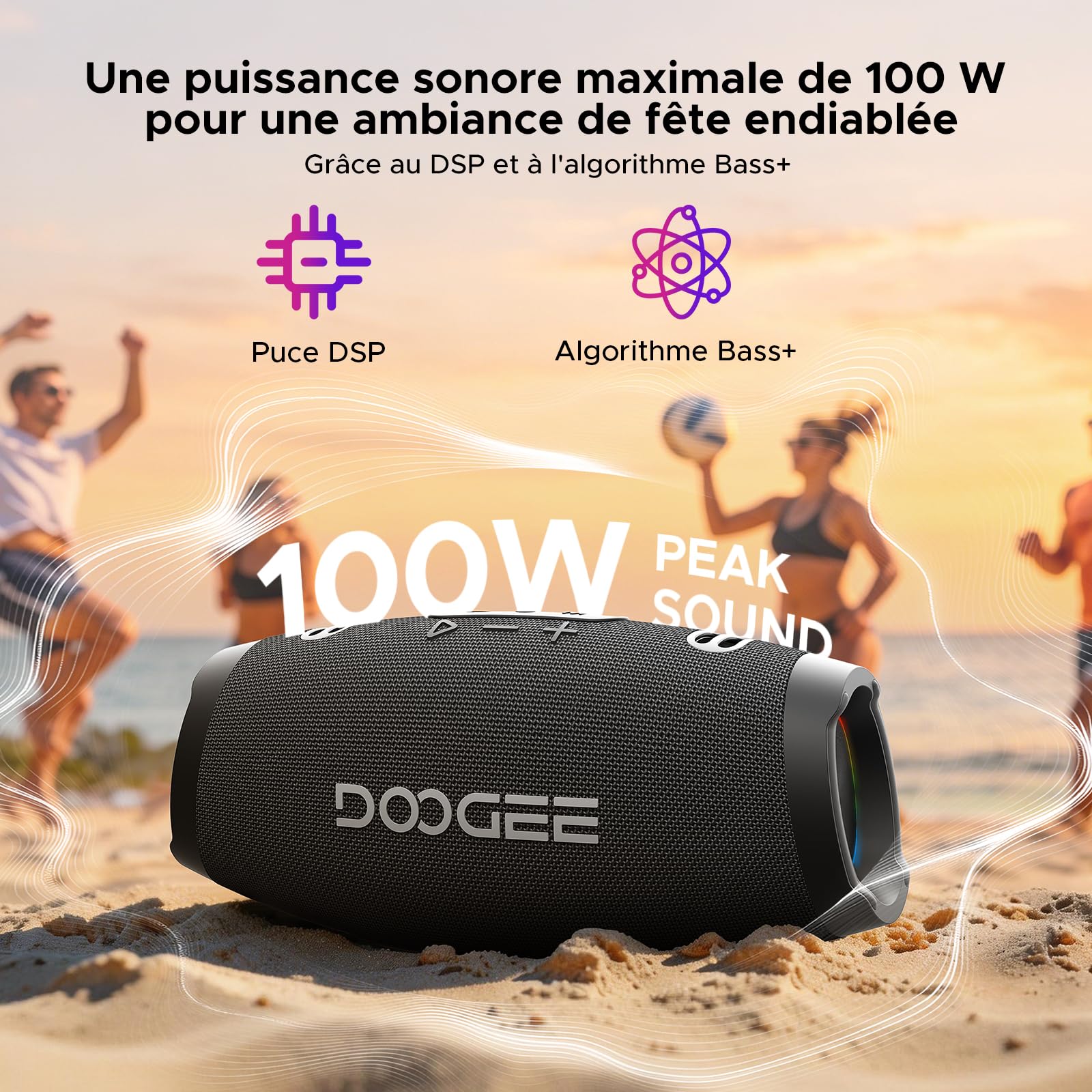 Enceinte Bluetooth Puissante Portable avec Bass Puissantes, 100W Crête, 60W Subwoofer, Deux 20W Tweeters, Autonomie 20H, Lumière RGB, TWS Haut Parleur sans Fil IP55 Étanche pour Fêtes, Piscine - Noir