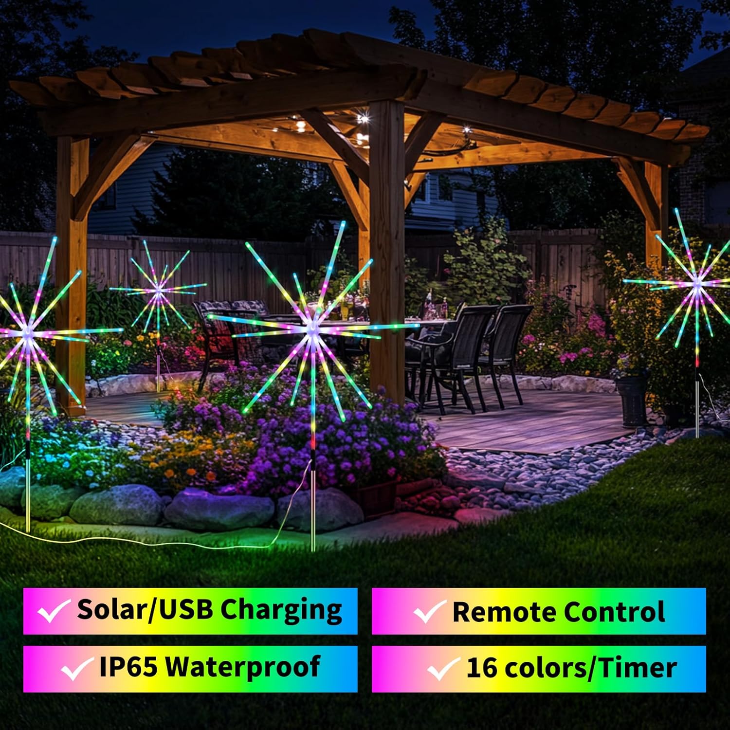 Solar Garden Lights Outdoor 2 Pack Color Changing Solar Powered Firework Lights with 9 Colors 16 Modes Remote Waterproof Rechargeable Timer Starburst Light for Christmas Pathway Backyard Yard Patio