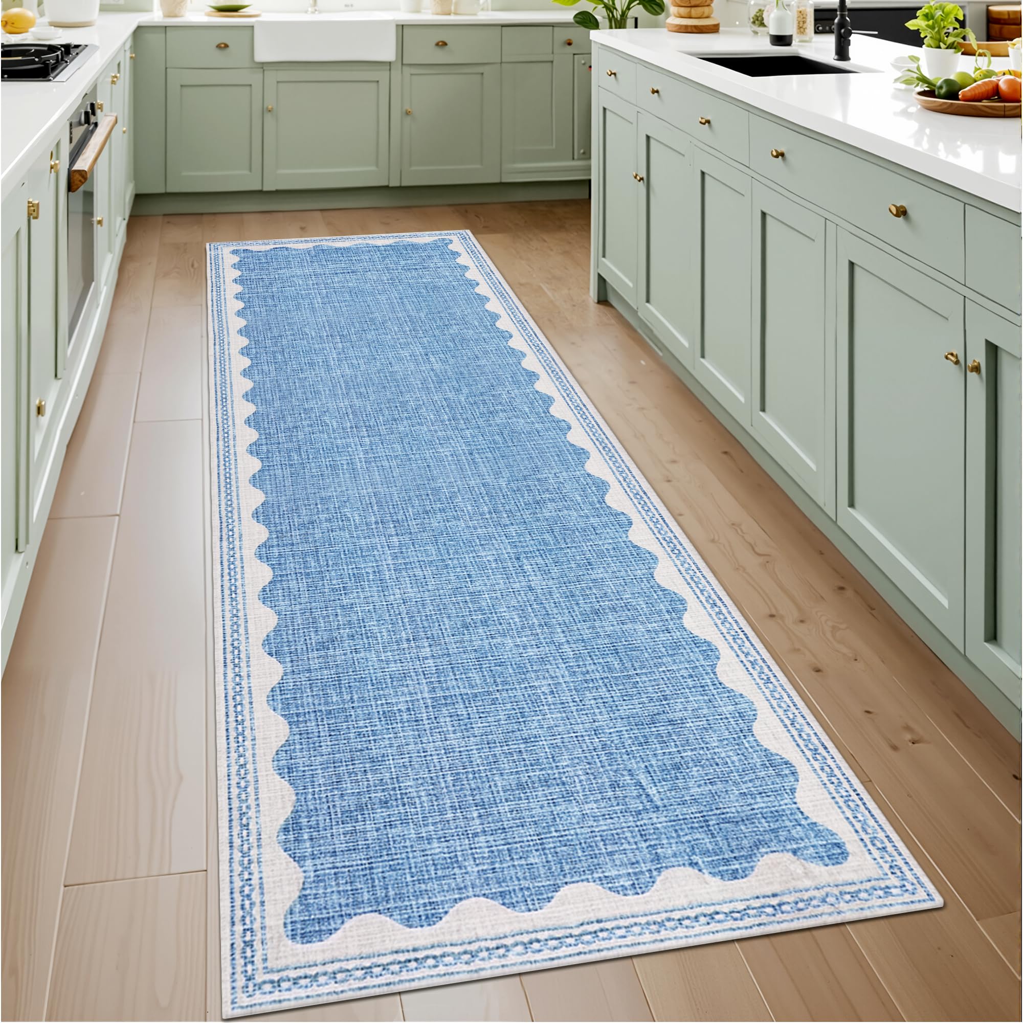 GarveeHome 2x6 Runner Rug for Hallway Washable Kitchen Rugs Non Slip Solid Blue Modern Minimalism Soft Low-Pile Scalloped Indoor Carpet for Entryway Laundry Room Floor Mats