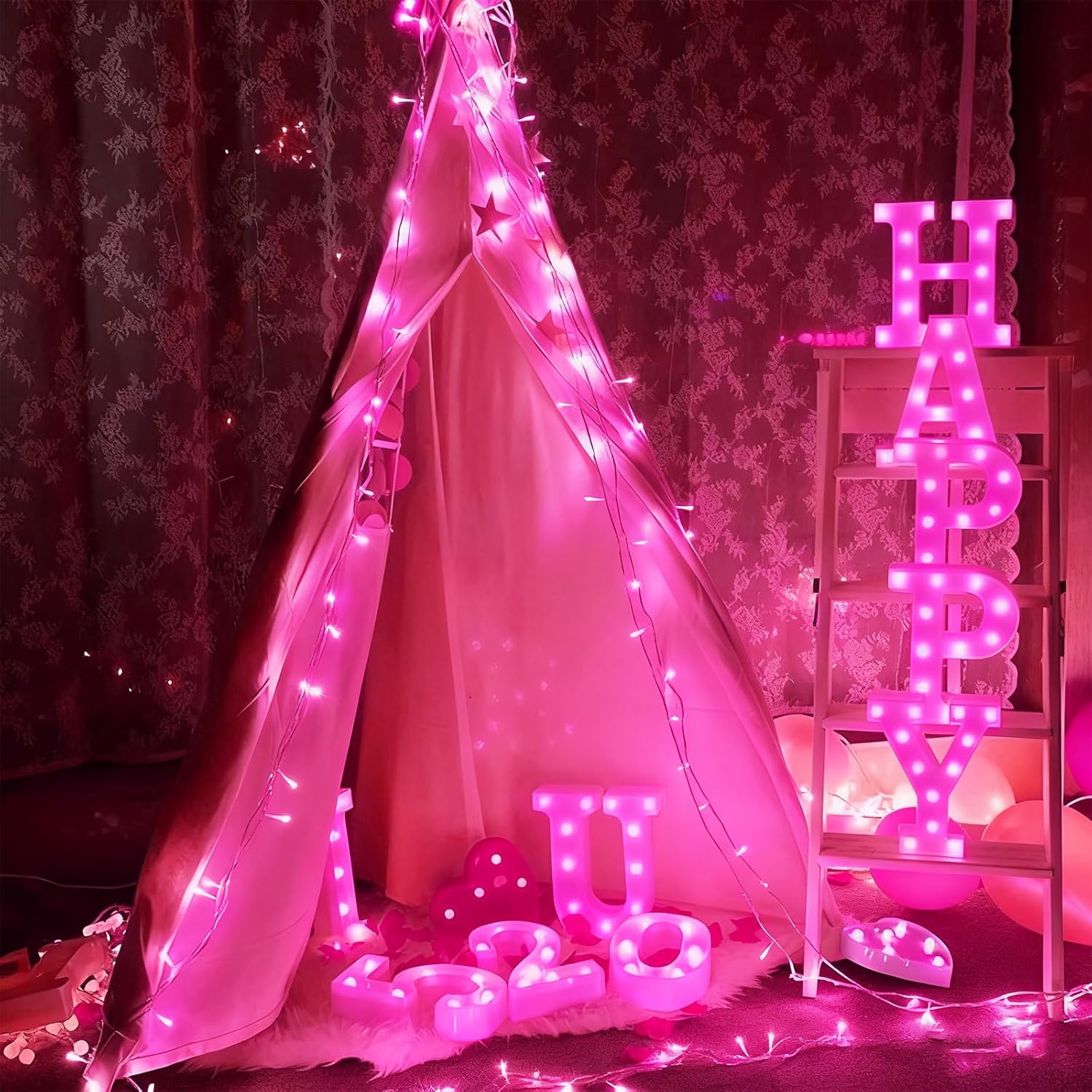 100 LED 2 Pack Pink Valentines Day Lights, 17.4Ft Battery Operated Mini String Lights with 8 Modes & Timer Waterproof Lights for Patio Garden Party Wedding Valentine's Day Decorations