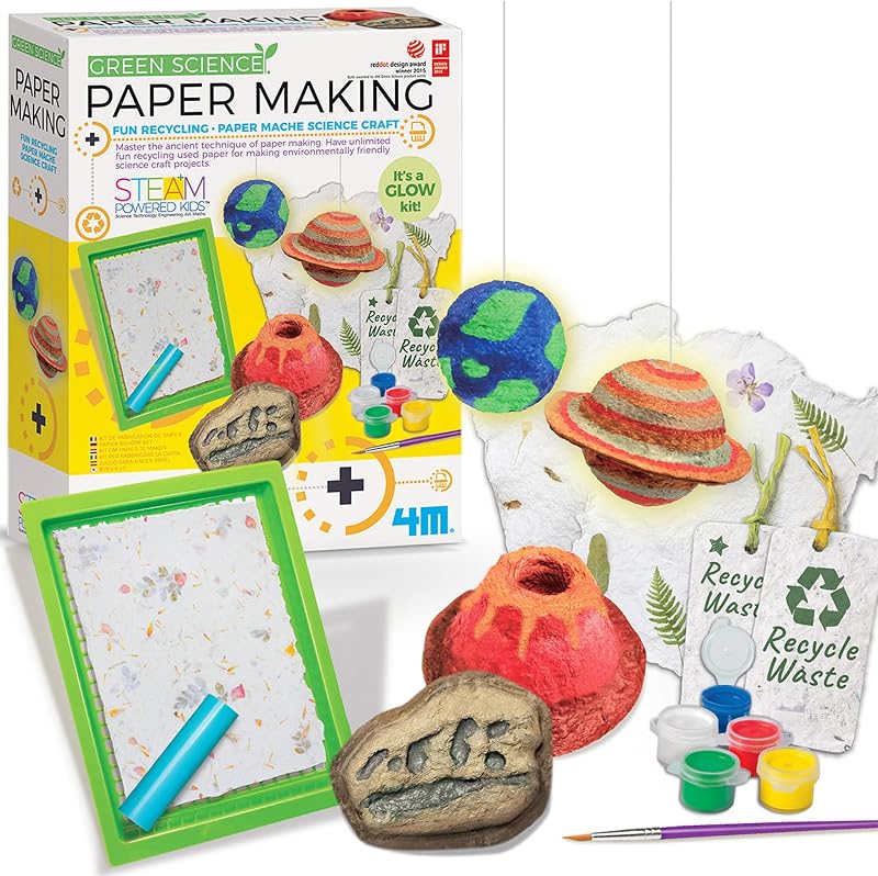 4M Green Science Paper Making Kit for Kids Ages 5-12 – Recycled Paper Craft STEM Set with Moulds, Glow-in-the-Dark Paint, Dinosaur & Planet Molds, Red Dot Award Winner, Eco-Friendly DIY Gift