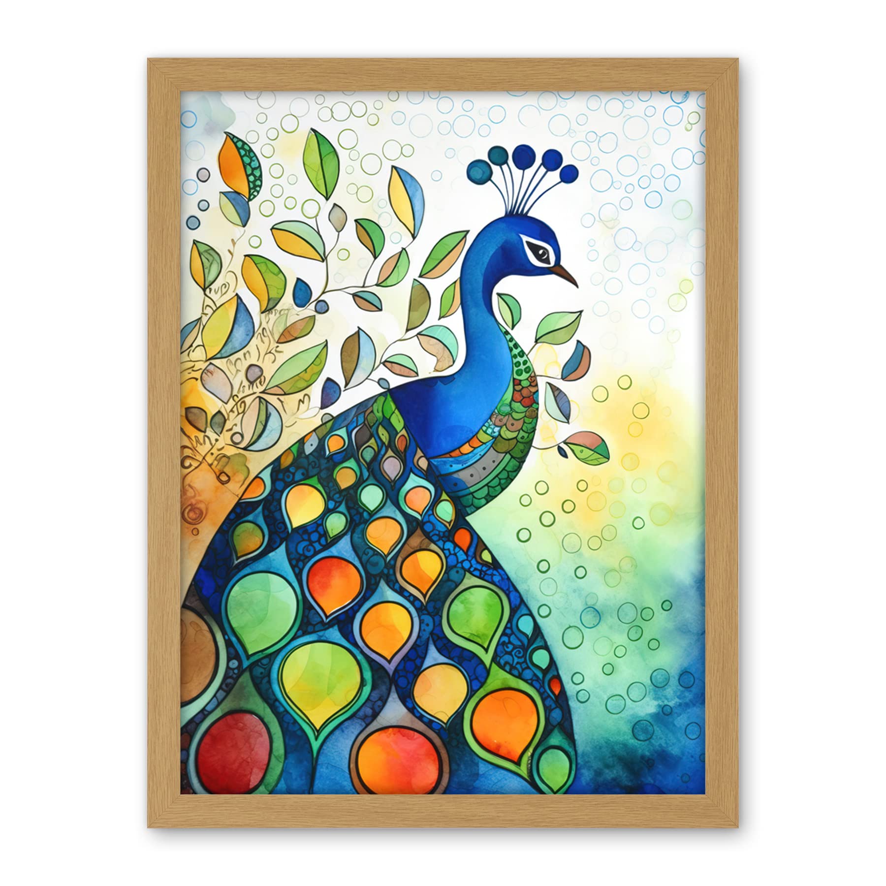 Artery8 Peacock Bird Folk Art Watercolour Painting Artwork Framed Wall Art Print 18X24 Inch
