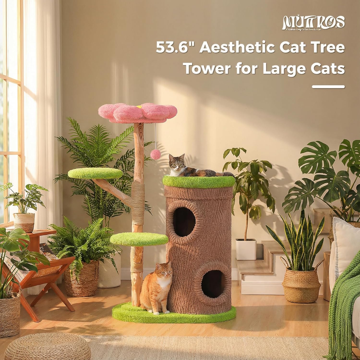 MUTTROS Wood Cat Tree with Flower Perch, 53.5" Modern Cat Tower w/Natural Solid Wood Scratching Post (φ3.8in), Large Heavy Duty Forest Cat Tree Furniture w/2 Condos for Indoor & Multi-Cat Household