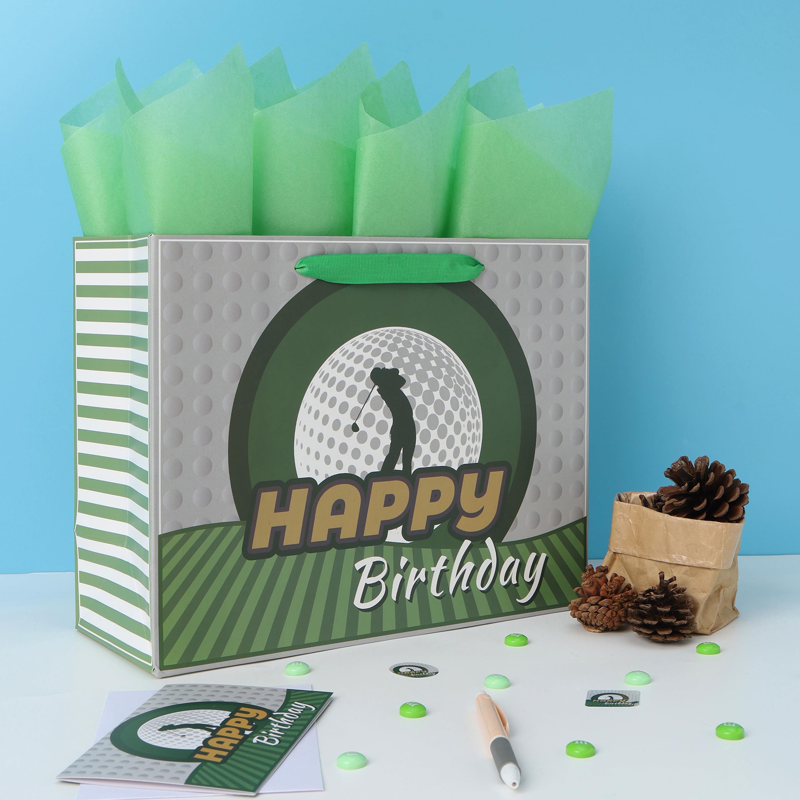 13” Large Golf Birthday Gift Bag Set with Handles, Greeting Card, Blue Tissue Papers for Men Boys Golfers for Golf Party Favors, Sports Themed Design, 1 Pcs