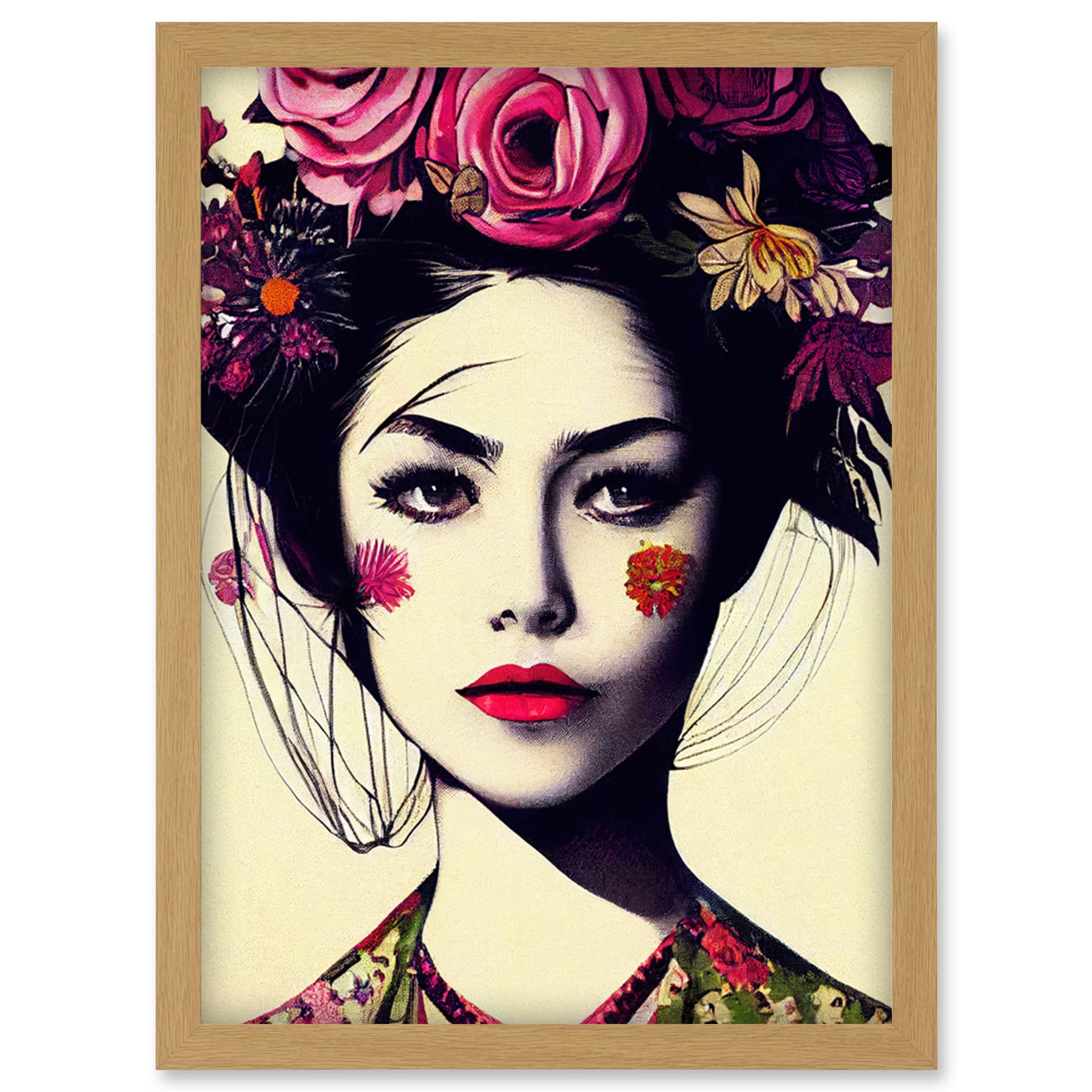 Doppelganger33 LTD Boho Woman With Flowers Headdress Modern Artwork Framed Wall Art Print A4