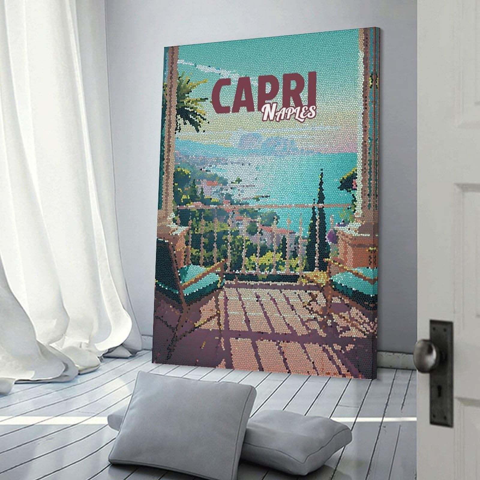 Junmoney Capri Naples Vintage Mosaic Wall Art Print, 24x36inch(60x90cm), for Entryway, Lounge Links Or Small Walls, Decorative Canvas Styling for Entry Areas