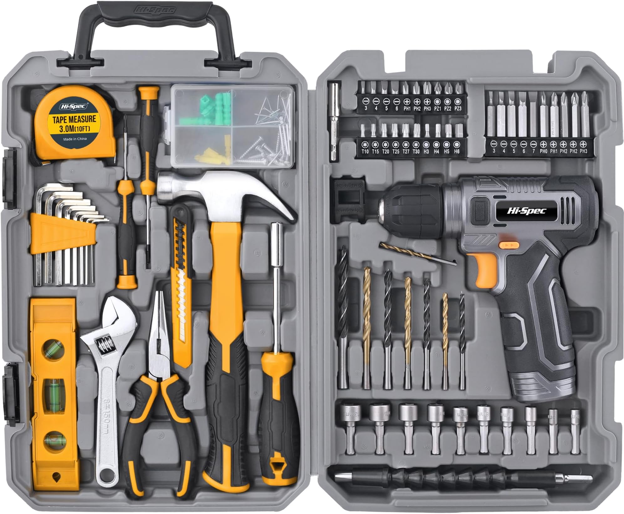 Hi-Spec Tool Kit with 8V Cordless Drill Set with Toolbox for Home DIY | Complete DIY Tool Set, Essential Everyday Home Repair & Maintenance, USB Rechargeable Electric Drill, Compact Toolbox Case