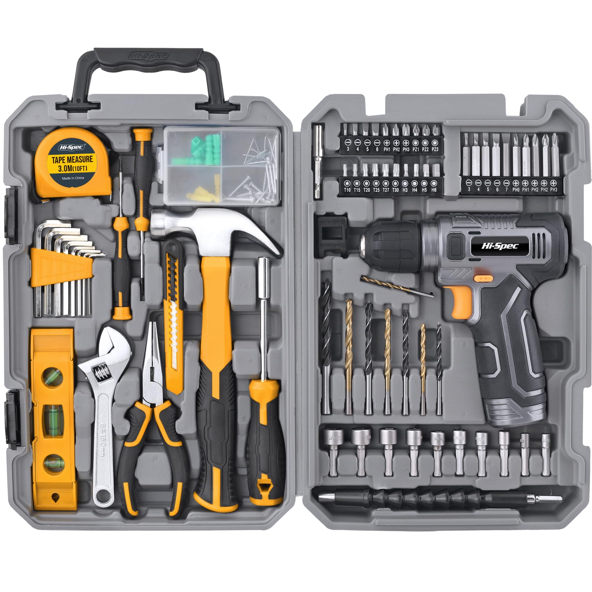 Hi-Spec Tool Kit with 8V Cordless Drill Set with Toolbox for Home DIY